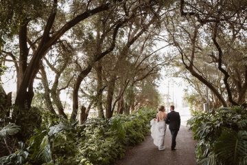 wedding couple under trees